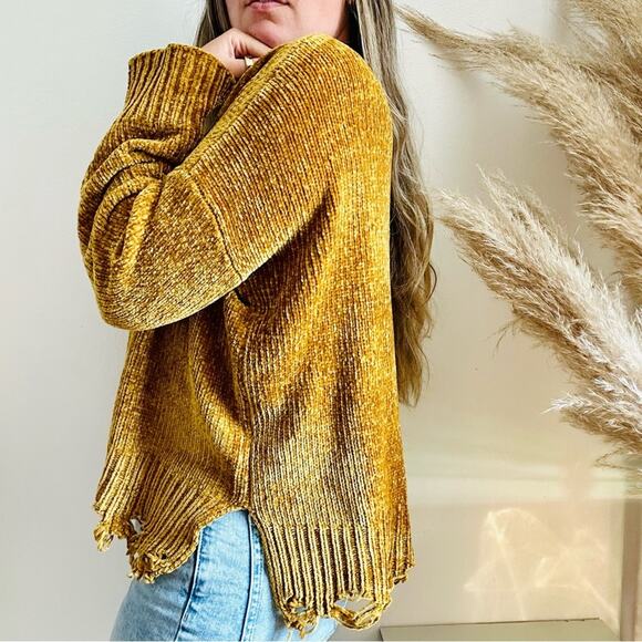 SMYM MUMU Gold Yellow Chenille Knit Oversized Distressed Crop Boxy Sweater XS - Picture 1 of 16